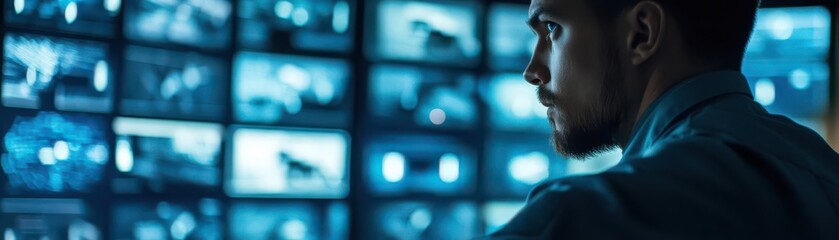 Fototapeta premium Prison guard monitoring security cameras in a control room close up, focus on, copy space dark shadows, glowing screens, double exposure silhouette with watchful eyes
