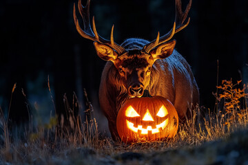 Enigmatic Twilight Stag with Illuminated Halloween Jack-o’-Lantern Pumpkin in Mysterious Forest Setting. 