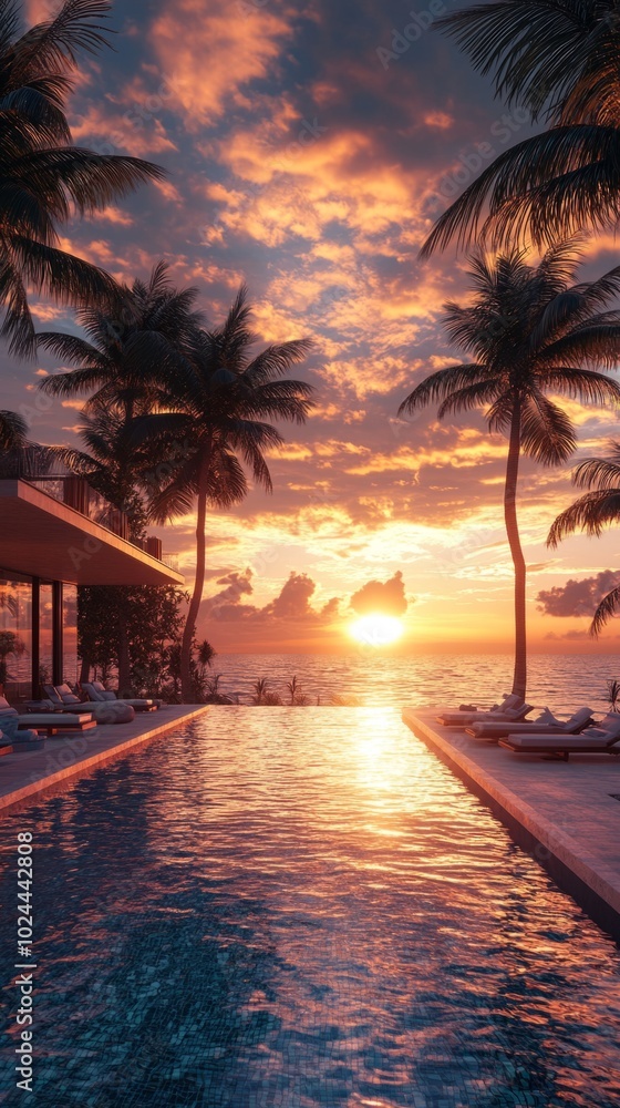 Poster a beautiful sunset over the ocean with palm trees in the background