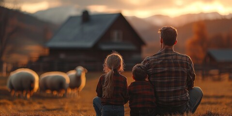 Fototapeta premium Father and children watching sheep in a field during sunset