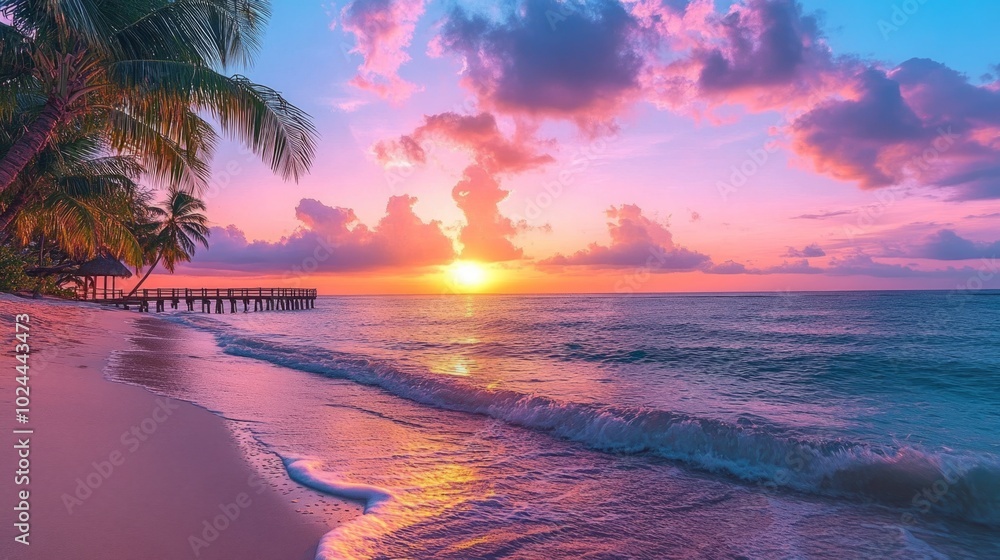 Poster a beautiful sunset over the ocean with a palm tree in the background