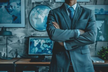 Obraz premium A man in a suit stands in front of a desk with a computer monitor, generative ai image