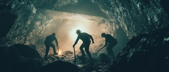 Fototapeta premium Three miners silhouette in a dark cavern working with picks
