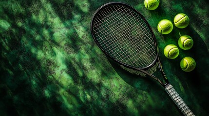 Tennis racket and balls on green court.