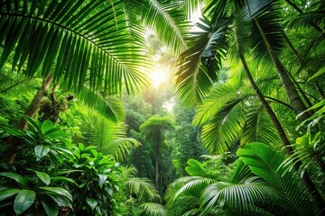 Fototapeta premium Low angle view of vibrant green foliage in a tropical jungle