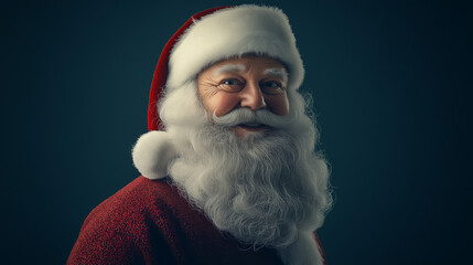 This illustration features a cheerful Claus against a dark backdrop, exuding a captivating Christmas spirit that brings warmth to the chilly season, copy space