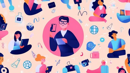 Illustrate a vibrant pattern featuring a tech-savvy professor with a circle behind