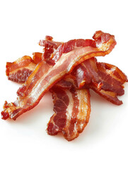 A stack of crispy, freshly cooked bacon slices arranged on a white background, showcasing their rich texture and appetizing appearance.