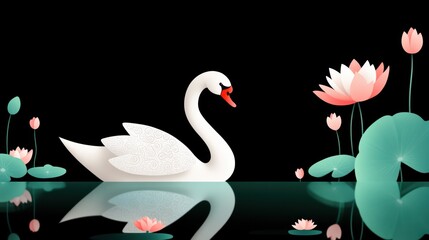 Fototapeta premium Elegant illustration of a graceful swan gliding on a serene lake, with intricate patterns on its feathers and surrounding water lilies.