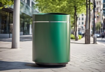 Obraz premium Modern Green Garbage Bin, Black Trash Can on Street, Metal Waste Bin for Mix Trash and Non Recyclable Waste