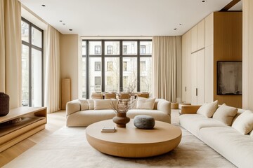 A spacious, elegant living room with minimalist decor. The room features soft, neutral tones