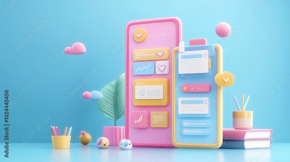 Poster colorful mobile app interface design with playful elements on a bright blue background featuring two