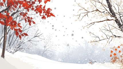 Serene Winter Wonderland with Vibrant Autumn Leaves
