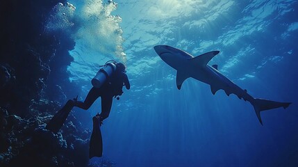 Fototapeta premium Scuba diver swimming near a shark underwater in tropical ocean