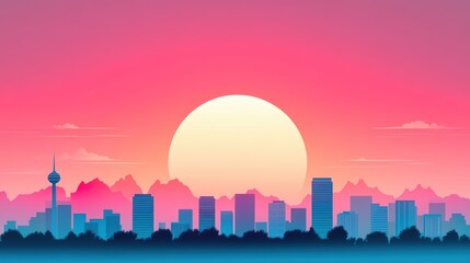 Fototapeta premium A romantic and nostalgic illustration of a cityscape skyline with a dramatic sunset, evoking a sense of peace and tranquility.