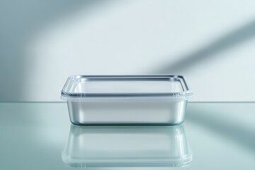Clear plastic container on reflective surface with soft shadows
