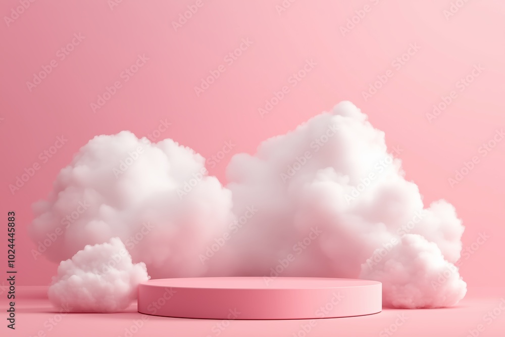 Poster soft pink background features a circular platform surrounded by fluffy white clouds creating a dream