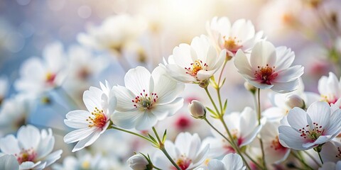 Fototapeta premium Low angle view white flowers red centers soft background