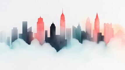 Fototapeta premium A dramatic and expressive watercolor illustration of a cityscape skyline, using bold washes of color and contrasting light and shadow to create a sense of depth and intensity.