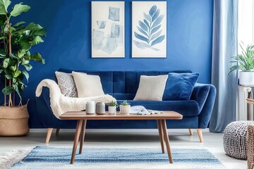 A stylish, cozy living room featuring a navy blue sofa with decorative pillows, a wooden coffee