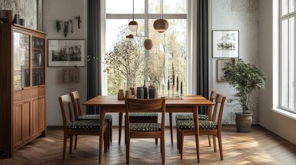Table and chairs made of wood in a dining room.