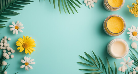 Skincare products arranged alongside vibrant flowers and lush green leaves create a serene and inviting space focused on psychological well-being and relaxation, copy space