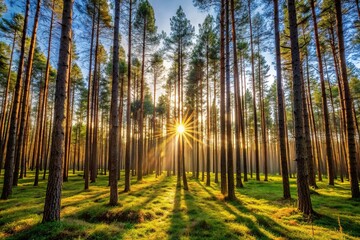 Fototapeta premium Low evening sun shining through tall pine trees in forest Depth of Field