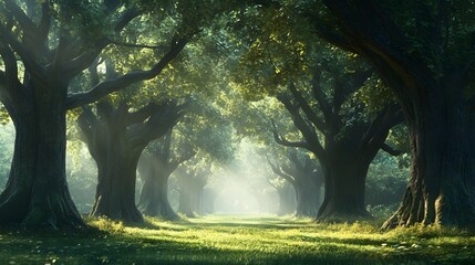 Sunbeams Filtering Through A Misty Forest Path