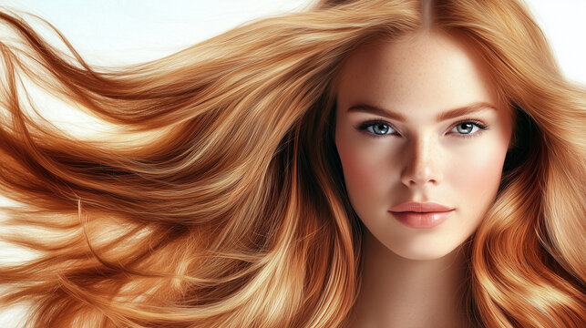 Modell con capelli lunghi e vibranti, con un'acconciatura sana e lucente. Ritratto di moda di una bellissima modella in un ambiente da studio. Pubblicit&agrave; parrucchiere.