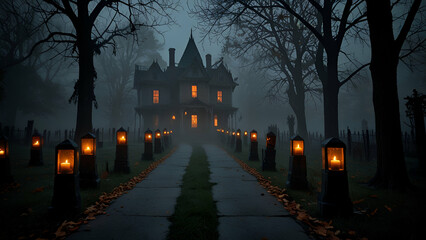 Spooky forest scene with glowing jack-o'-lanterns in the mist. Halloween background, spooky, forest, scene, jack-o'-lanterns
