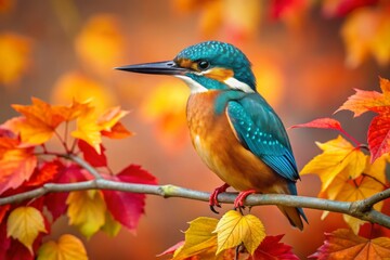 Obraz premium Amidst the rich autumn palette, a Female Common Kingfisher sits elegantly on a branch, showcasing the stunning interplay of nature and wildlife photography.