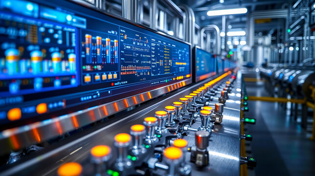 A conveyor belt in a factory with multiple monitors on the wall