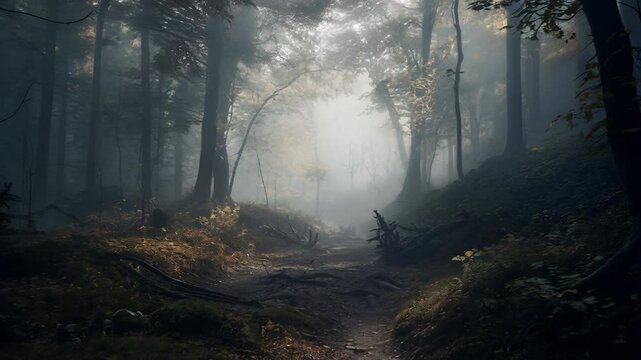 foggy and dark woods, mystery forest. Magical saturated foggy forest trees landscape. Generative AI