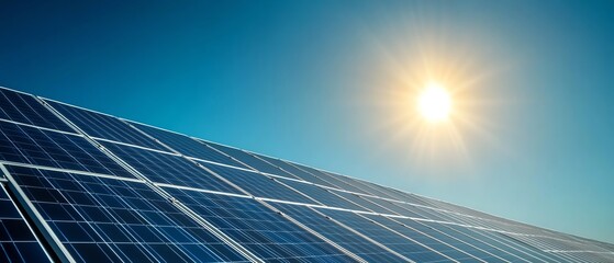 Solar panels with sun on clear blue sky