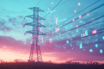 A tall metal power transmission tower standing against a sunset sky, with glowing digital graphs