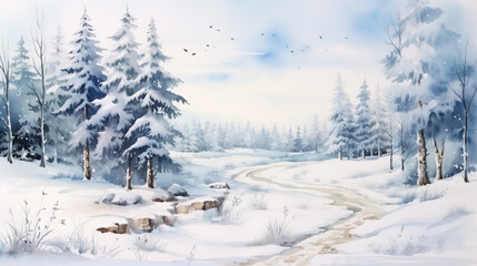 Obraz premium winter forest in the snow watercolor art design