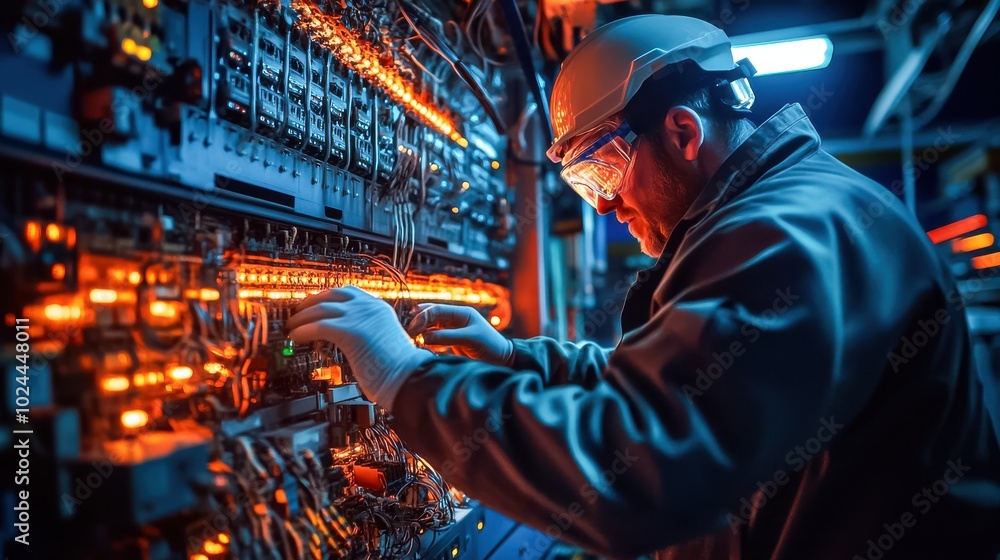 Aufkleber a technician in protective gear works on an intricate array of glowing electrical systems