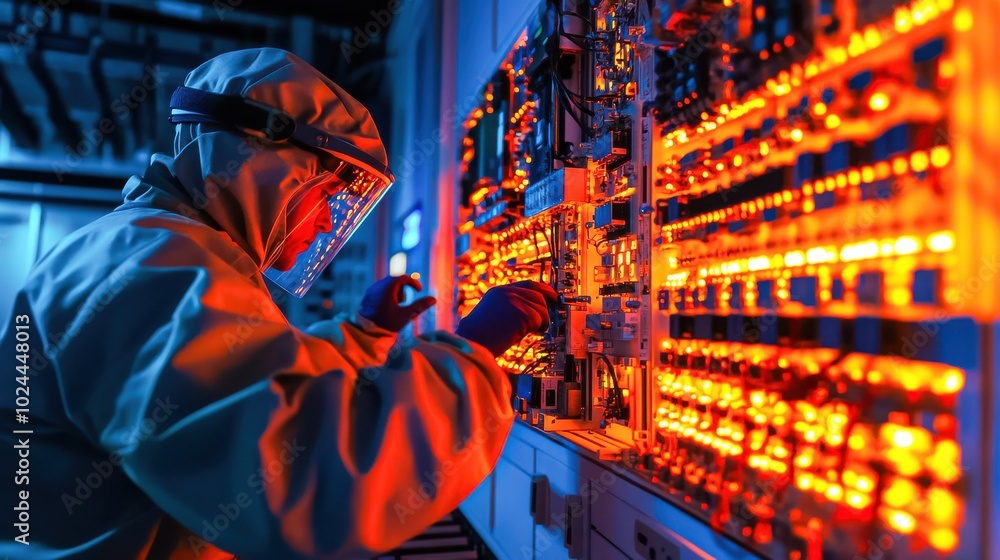 Aufkleber a technician in protective gear works on an intricate array of glowing electrical systems