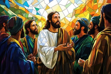 Obraz premium Jesus Christ Teaching His Disciples in a Stained Glass Style