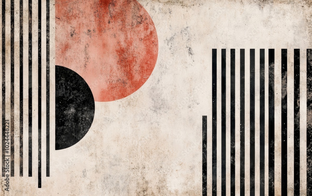 Poster abstract composition featuring geometric shapes and lines on a textured background.