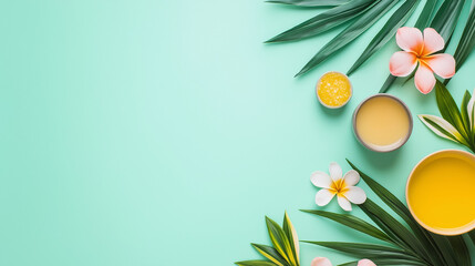Obraz premium A tranquil setting showcases essential oils, creams, and tropical plants, highlighting their significance in enhancing psychological health and self-care, copy space