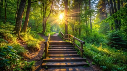 Obraz premium Lush forest path at sunrise surrounded by trees and leading lines