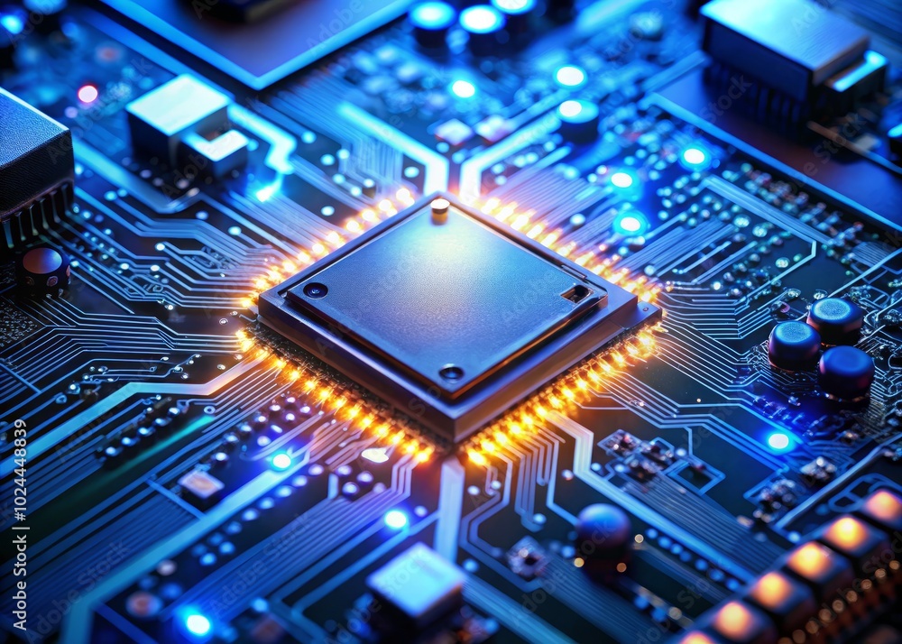 Poster an intricate microchip radiates light as it rests on a circuit board, surrounded by a sophisticated 