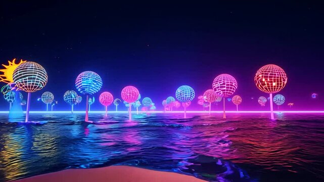 Synthwave disco aesthetic style on the beach	animation 4K