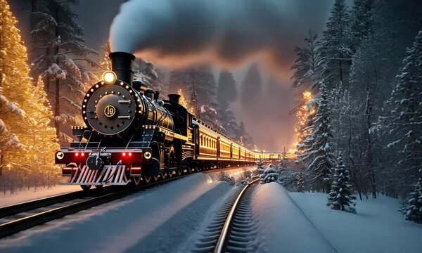 A vintage steam train decorated with twinkling lights speeds through a snowy winter forest.