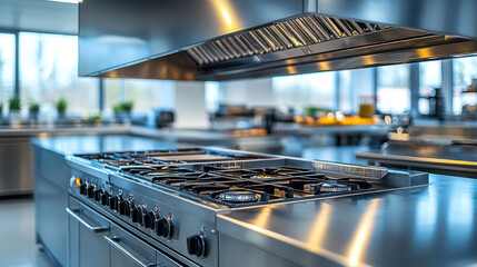 A large stainless steel exhaust hood with grease baffles, designed for optimal grease control in a high-traffic commercial kitchen