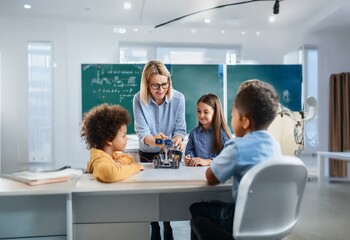 Teacher and three students in classroom, a robot on the desk.
