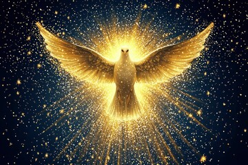 A Golden Dove with Outspread Wings Surrounded by Light and Stars