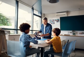 A teacher helps two students learn about robotics by building and assembling a robot.