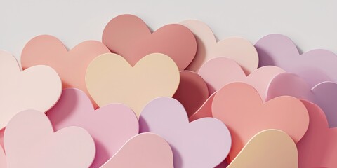 A close-up view of minimalist heart shapes in soft pastel colors such as light pink, peach, and soft lavender. The clean lines and simple designs reflect a Scandinavian approach to Valentine’s Day.